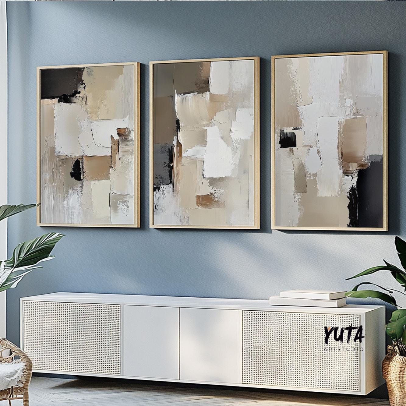 Abstract Beige Black Wall Art Set of 3 Pieces. Modern Brush Stroke Wall Art Prints, Nordic Minimalist Art, Neutral Contemporary Room Decor