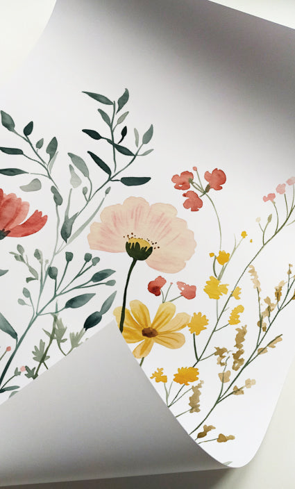 Botanical wildflower print set with delicate field flowers, leafy branches and generous white space.