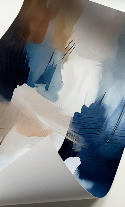 Contemporary blue wall art triptych with abstract shapes in navy, pale blue, cream and warm neutral tones.
