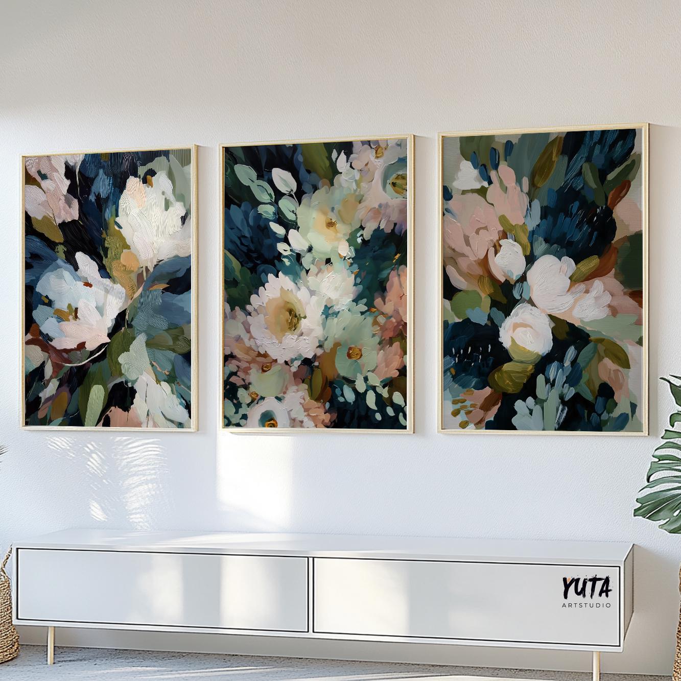botanical wall art featuring navy, green and cream hues