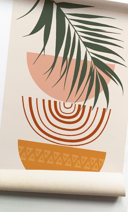 Abstract botanical artwork featuring geometric terracotta bowls and a green palm leaf