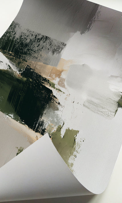Earthy green abstract wall art set of 3 with olive, forest green, beige, white and soft gray brushstrokes.