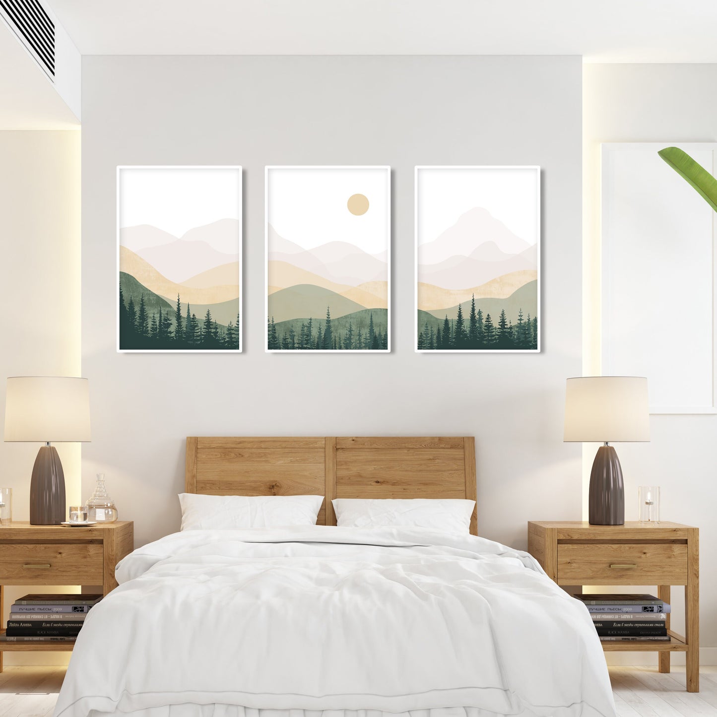 Neutral green beige abstract mountains set of 3 prints. Mid century modern minimalist nature room decor aesthetic boho gallery wall set