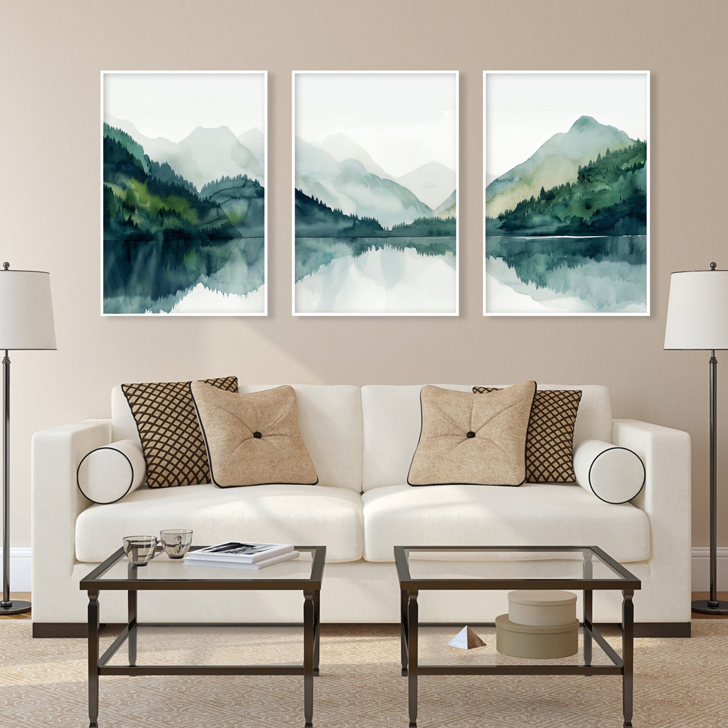 Modern minimalist mountain lake gallery wall set of 3 print. Nordic wall art emerald green nature landscape painting, scandinavian home gift idea