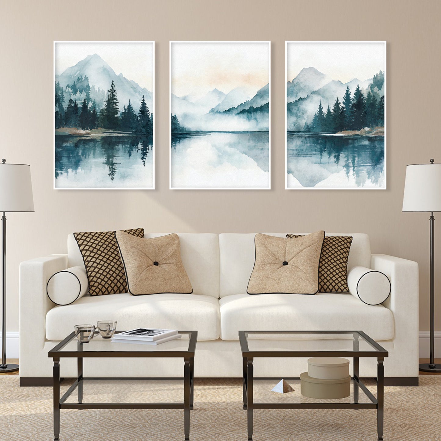 Set of 3 modern landscape paintings featuring mountains in calming green and blue hues, perfect for nature lovers.