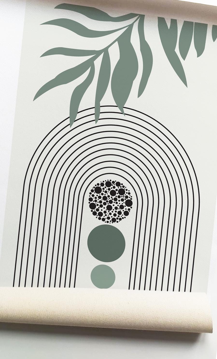 Minimalist sage green abstract botanical print with arch lines and circular shapes on canvas.