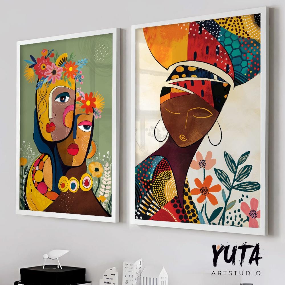 Ethnic African American art set of 2 prints, abstract female portrait gallery wall decor in colorful bold modern style for above bed or living room display.