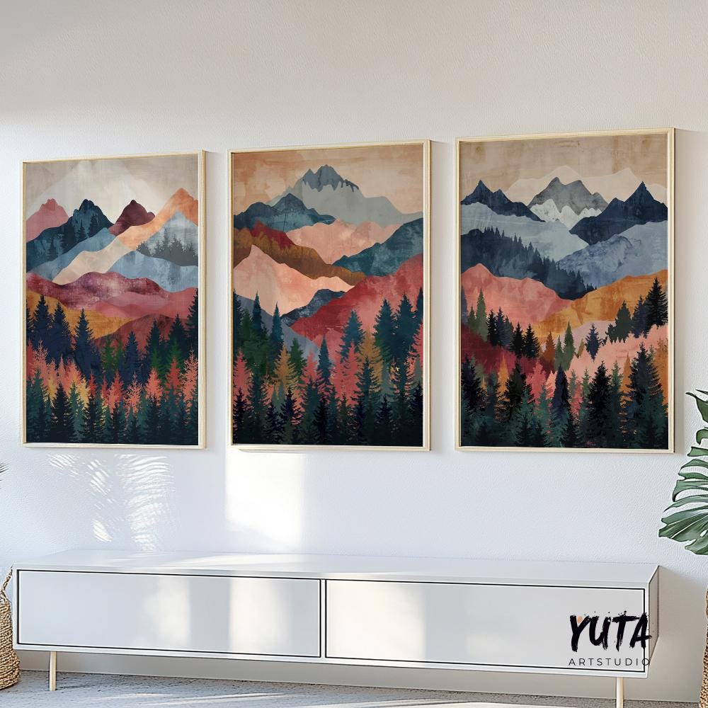 Boho style colorful mountains with dark pine forest, minimalist landscape art triptych for modern home decor.