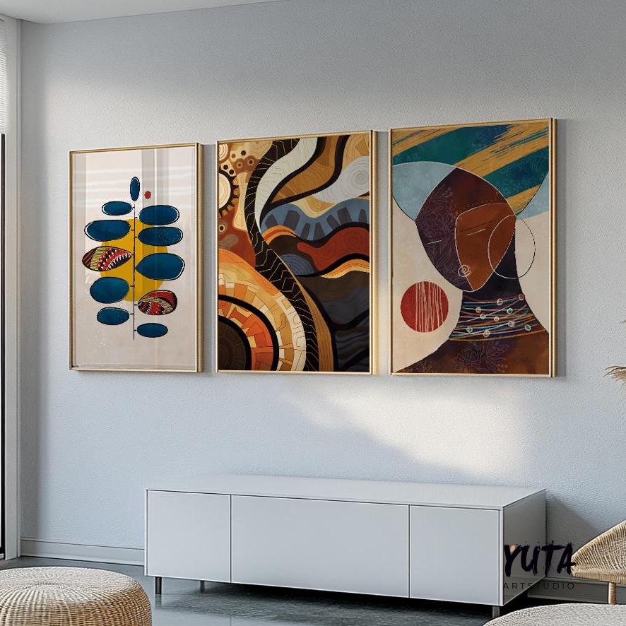 Colorful African American wall art set of 3, vibrant abstract portraits of black women, Afrocentric room decoration.