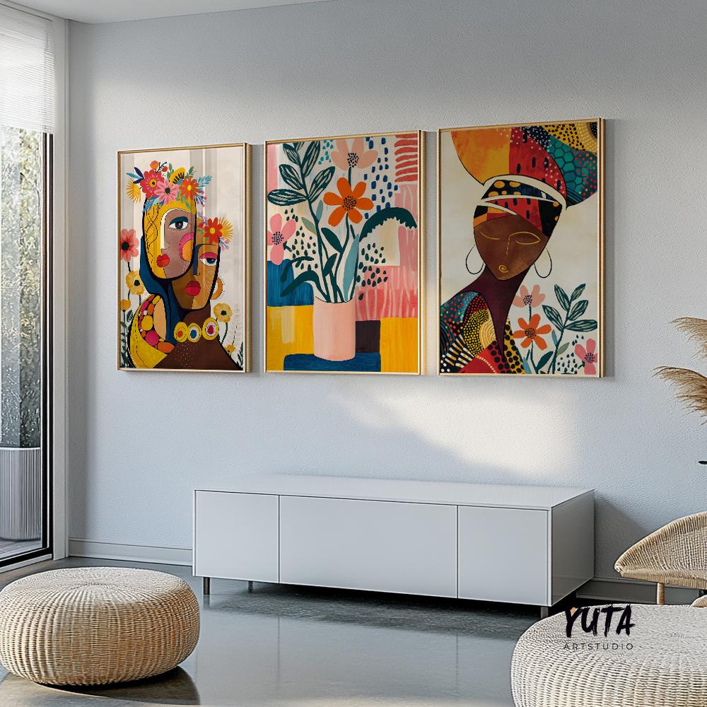 Afrocentric abstract art set of 3 prints, colorful black woman portraits, modern gallery wall decoration for apartments.