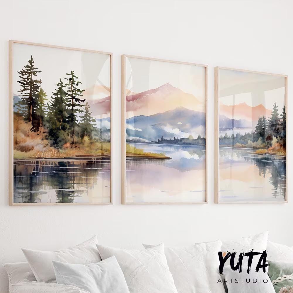 Pastel mountain wall art set of 3 print. Modern nature wall decor, forest lake landscape painting posters, eclectic gallery wall set