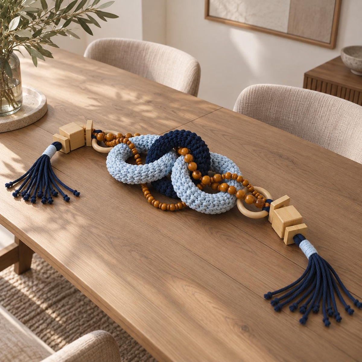 Blue and navy woven decorative object styled on a wooden dining table