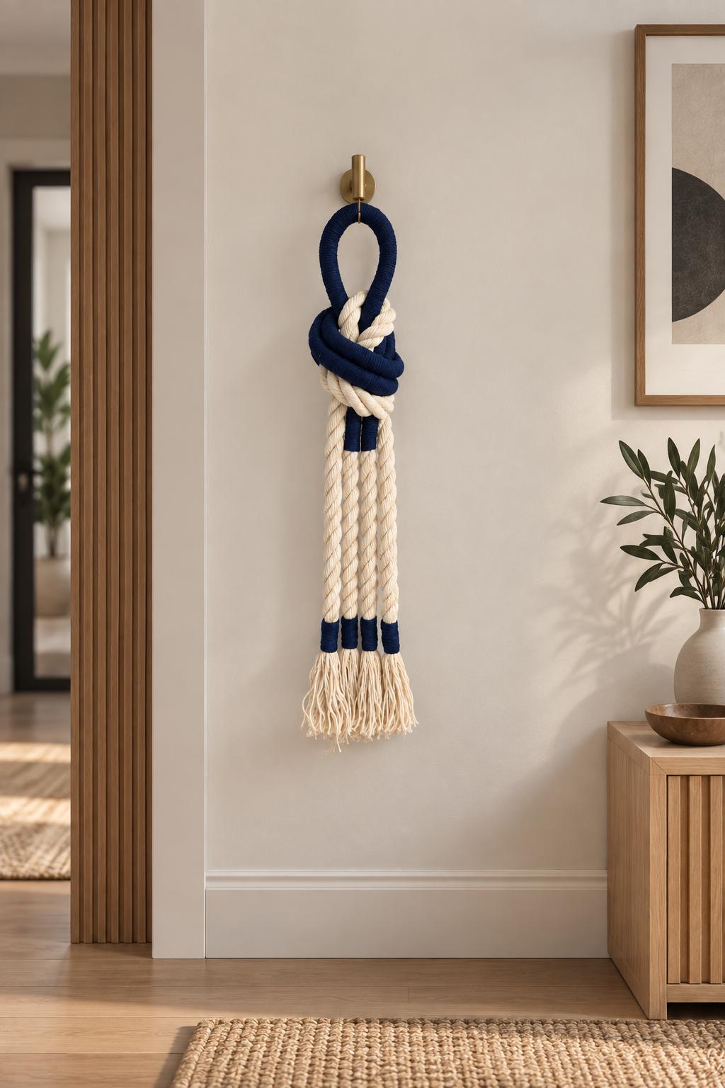 Navy and cream woven wall hanging for Scandinavian interior decor