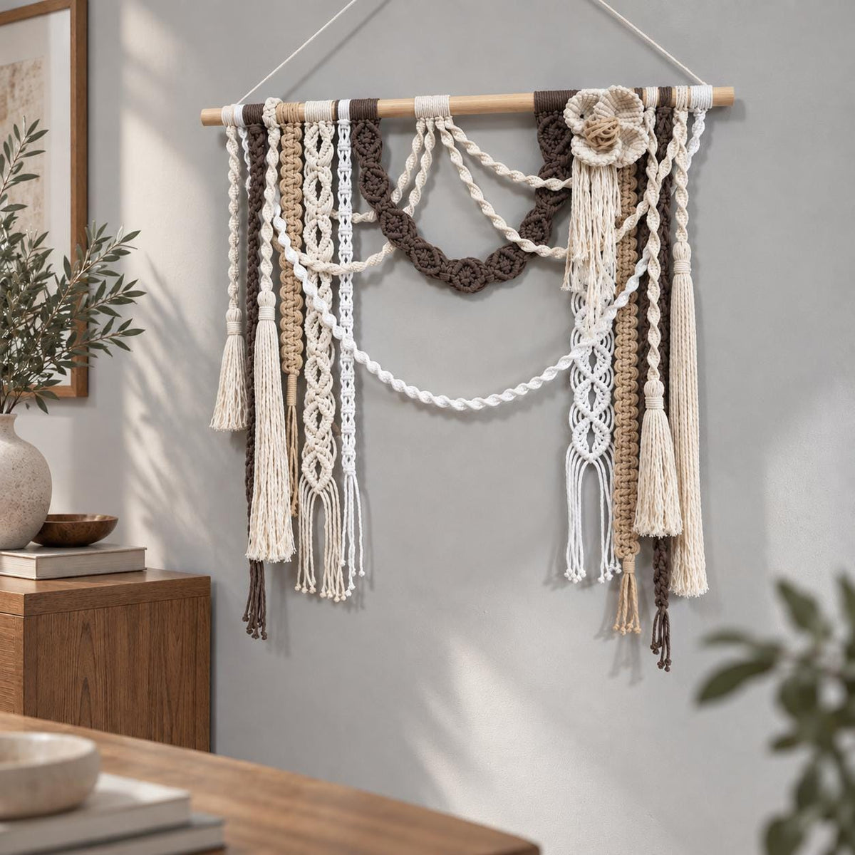 Handcrafted macrame wall hanging with ornamental knots and decorative hanging tassels