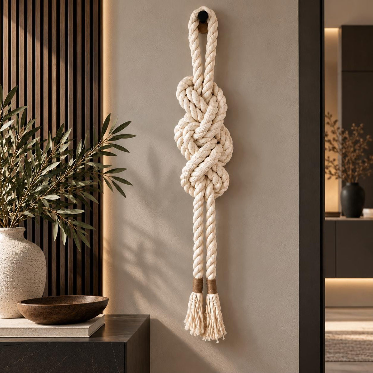 Sculptural cream macrame wall hanging displayed in a modern interior with dark wood accents