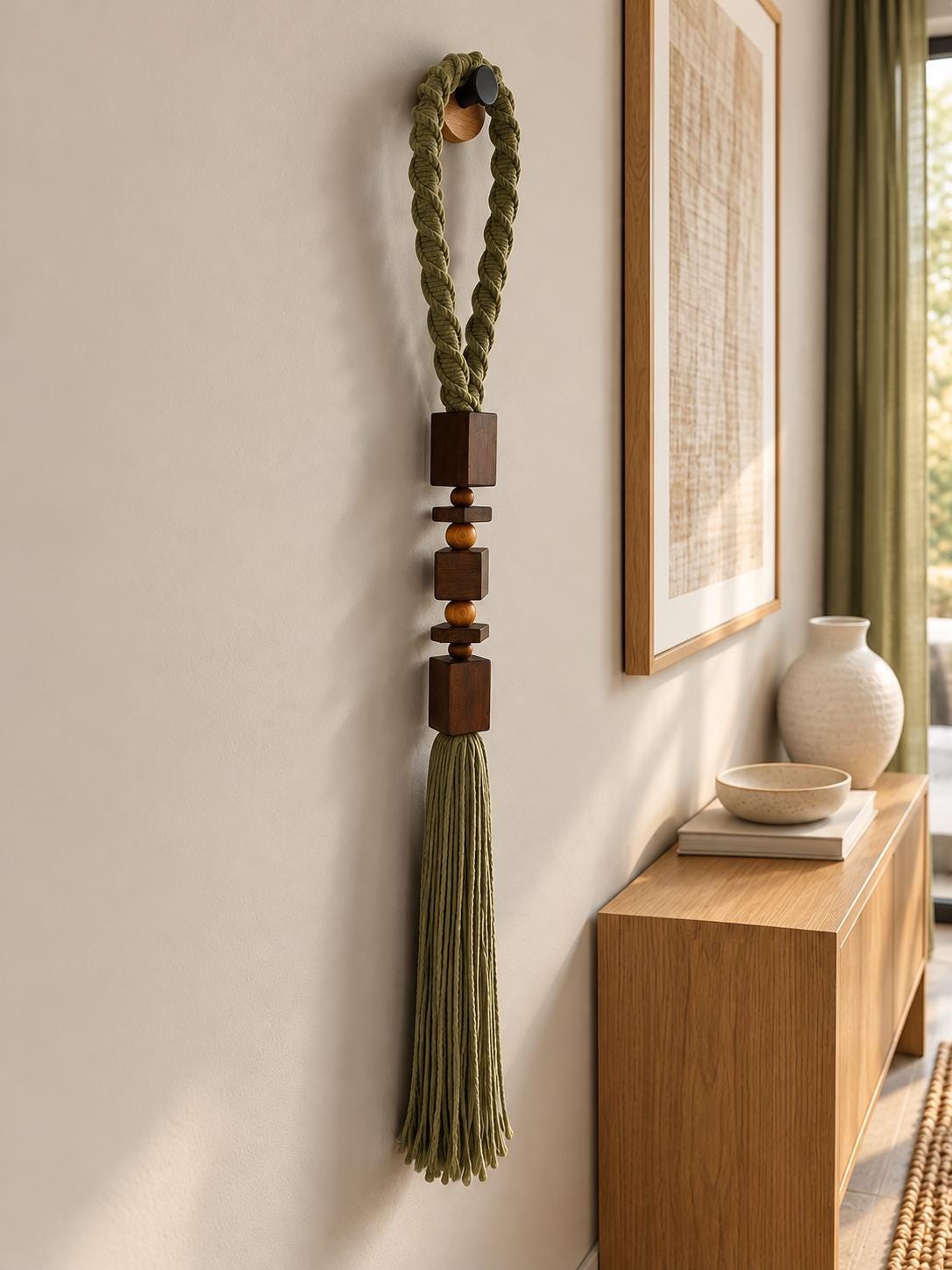 Olive green macrame wall hanging with dark wooden beads in modern interior