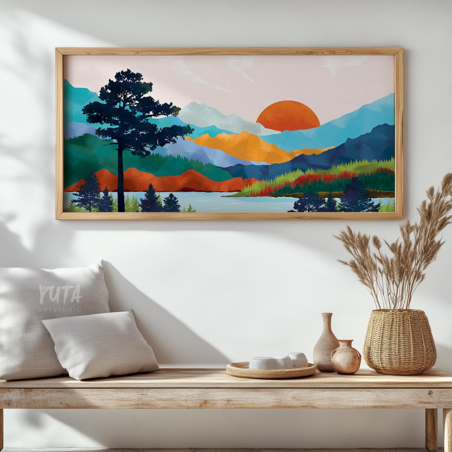 Large mountain landscape art featuring vibrant wilderness scenery, alpine lake and colorful horizon