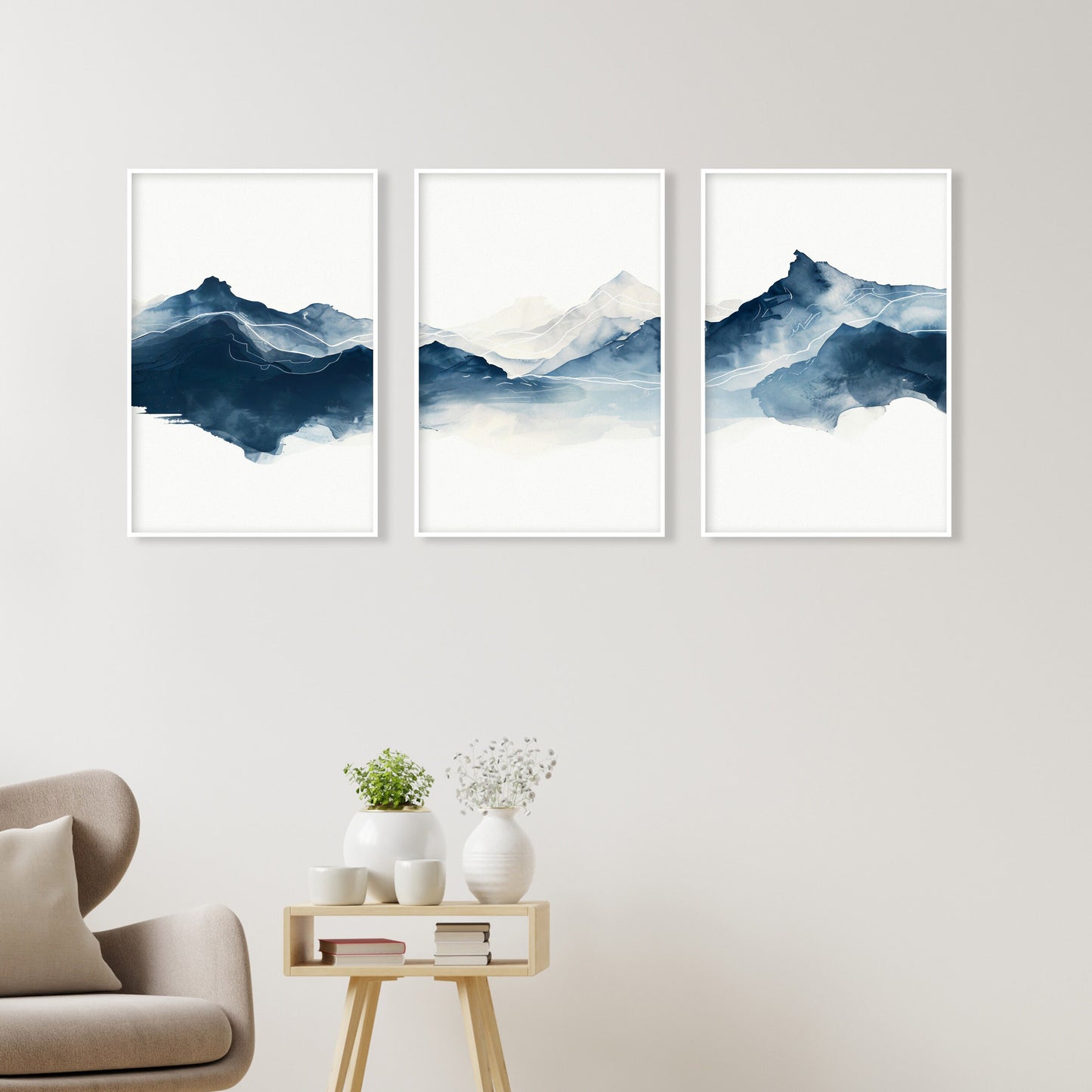 Navy blue abstract mountain set of 3 prints. Modern minimalist landscape gallery wall set. Nature 3 piece wall art, blue nordic print