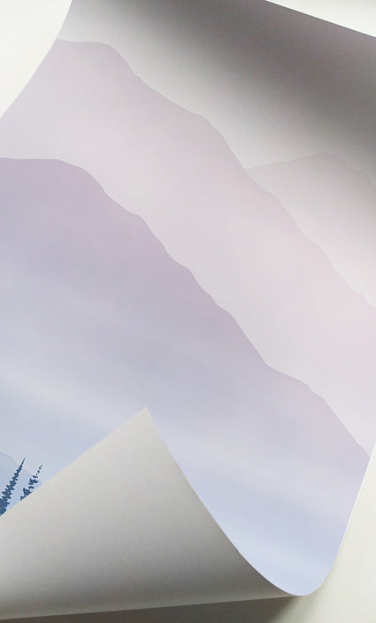 Layered mountain landscape artwork with soft mist and pine trees
