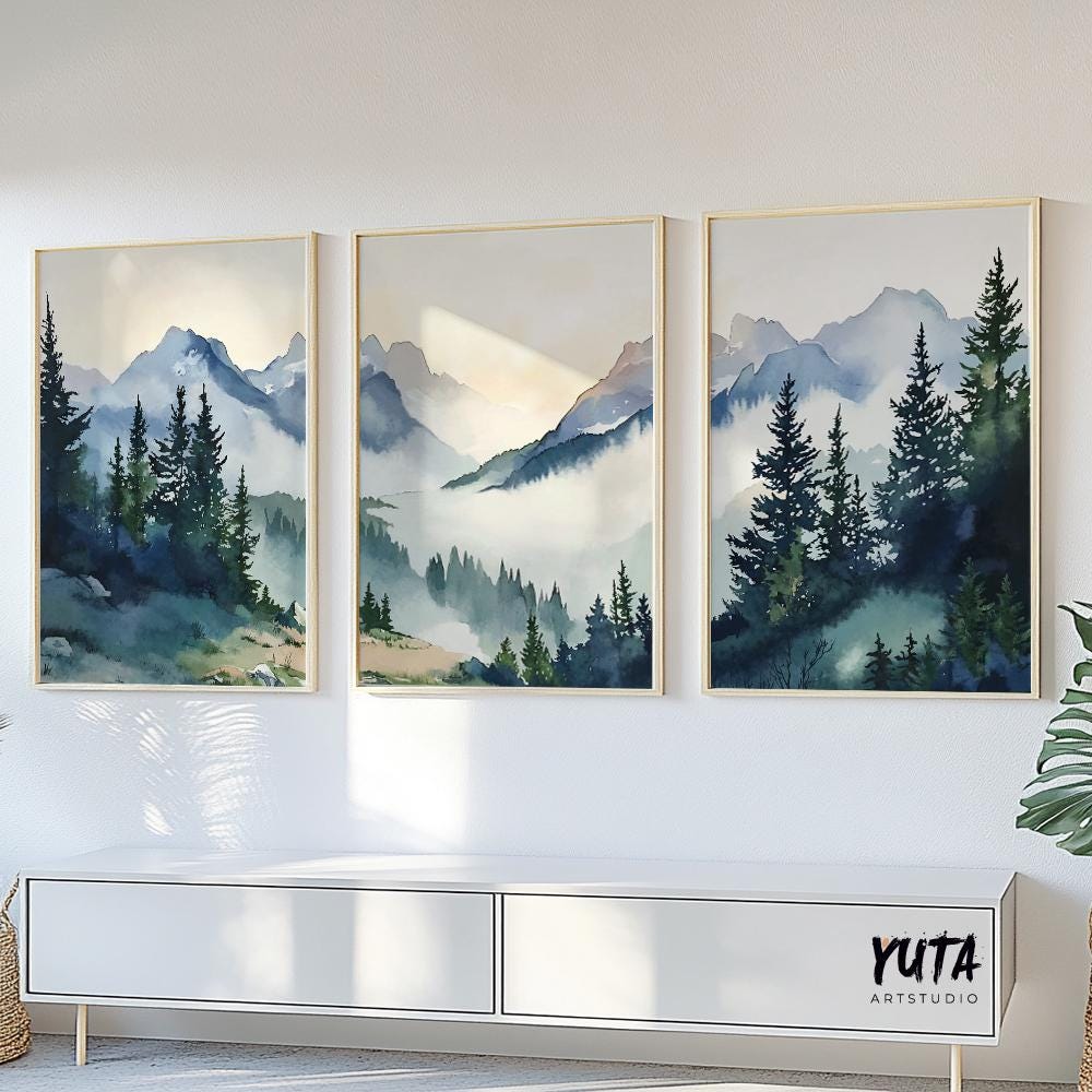 National park inspired wall art with evergreen forests, misty mountain ranges and watercolor wilderness landscapes