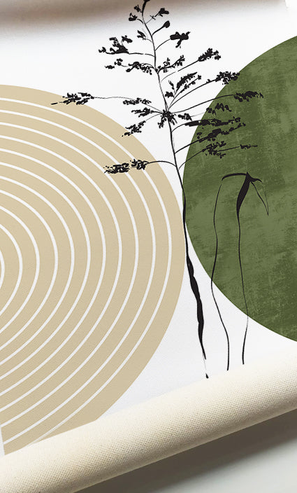 Organic botanical artwork featuring minimalist leaves and textured abstract shapes