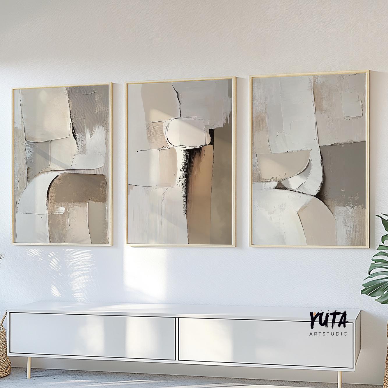 Neutral gallery wall art showcasing abstract beige artwork with contemporary organic design details