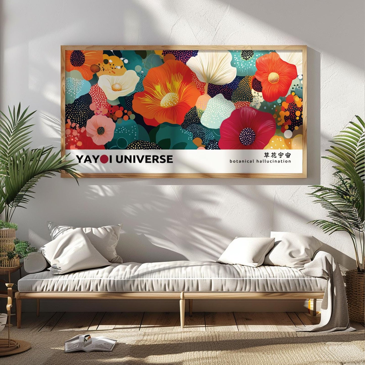 Colorful abstract floral print in a light wood frame displayed above a neutral console.