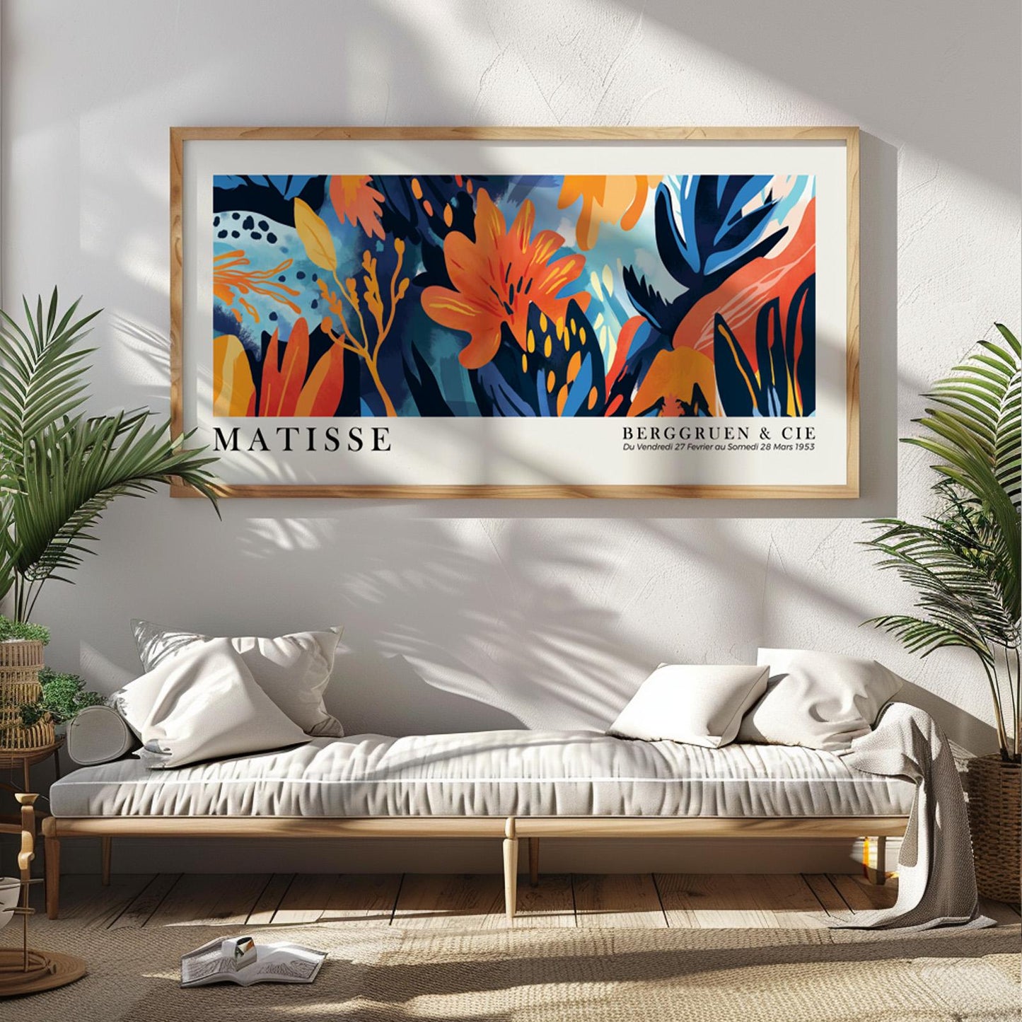 Vibrant tropical floral artwork in a light wood frame above a cushioned daybed, sunlit room.