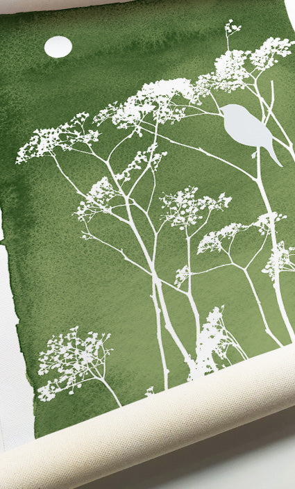 Sage green botanical wall décor featuring meadow flowers, birds, and minimalist nature illustrations