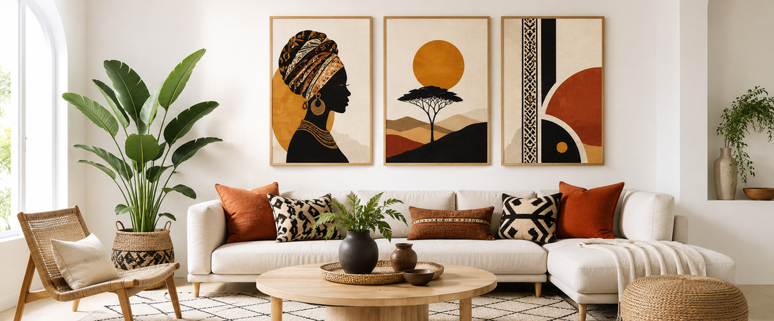 Modern living room with white walls decorated with three African wall art prints, colorful African-inspired textiles, natural wood furniture and warm contemporary décor.