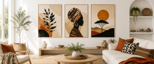 Modern living room with three framed wall art placeholders, illustrating canvas and paper print display ideas in a bright contemporary interior.