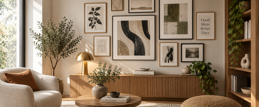 Stylish gallery wall with a balanced mix of framed artwork in a bright modern living space with natural wood furniture and warm neutral decor.