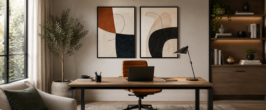 Bright modern home office featuring a wooden desk, leather office chair and two abstract wall art prints, creating a stylish workspace that inspires productivity.