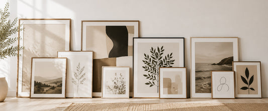Large and small framed wall art prints leaning against a white wall in a bright Scandinavian-style interior, showcasing different artwork sizes and styles.