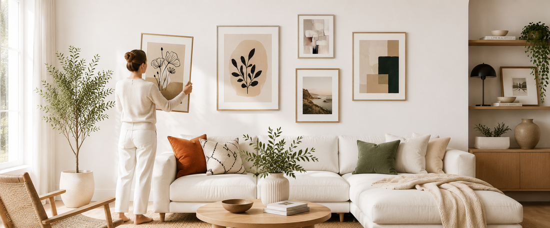 Woman holding a framed wall art print before hanging it on a white wall in a bright Scandinavian living room with a coordinated gallery wall.