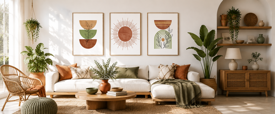 Boho-inspired living room with three blank mid-century modern wall art mockups on a white wall, styled with terracotta accents, sage green décor, natural wood furniture and soft daylight.