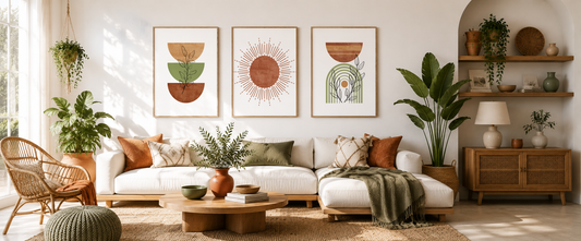 Boho-inspired living room with three blank mid-century modern wall art mockups on a white wall, styled with terracotta accents, sage green décor, natural wood furniture and soft daylight.