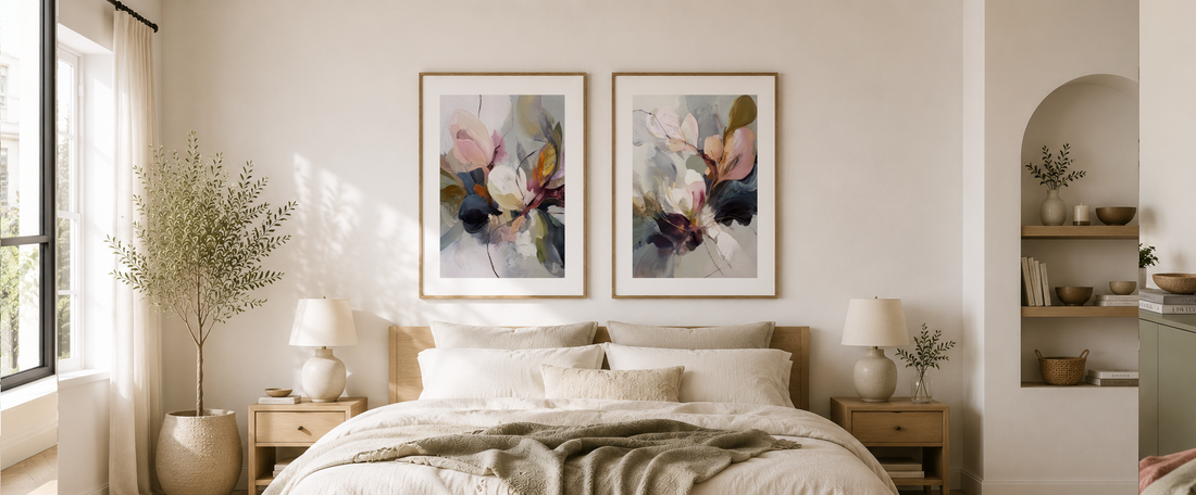 Minimalist Scandinavian bedroom with two blank framed wall art mockups above the bed, featuring white walls, neutral décor, natural wood accents and soft morning light.