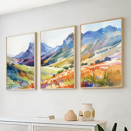 Colorful Mountain Wall Art Set of 3, Watercolor Landscape Prints, Scenic Nature Gallery Wall Decor