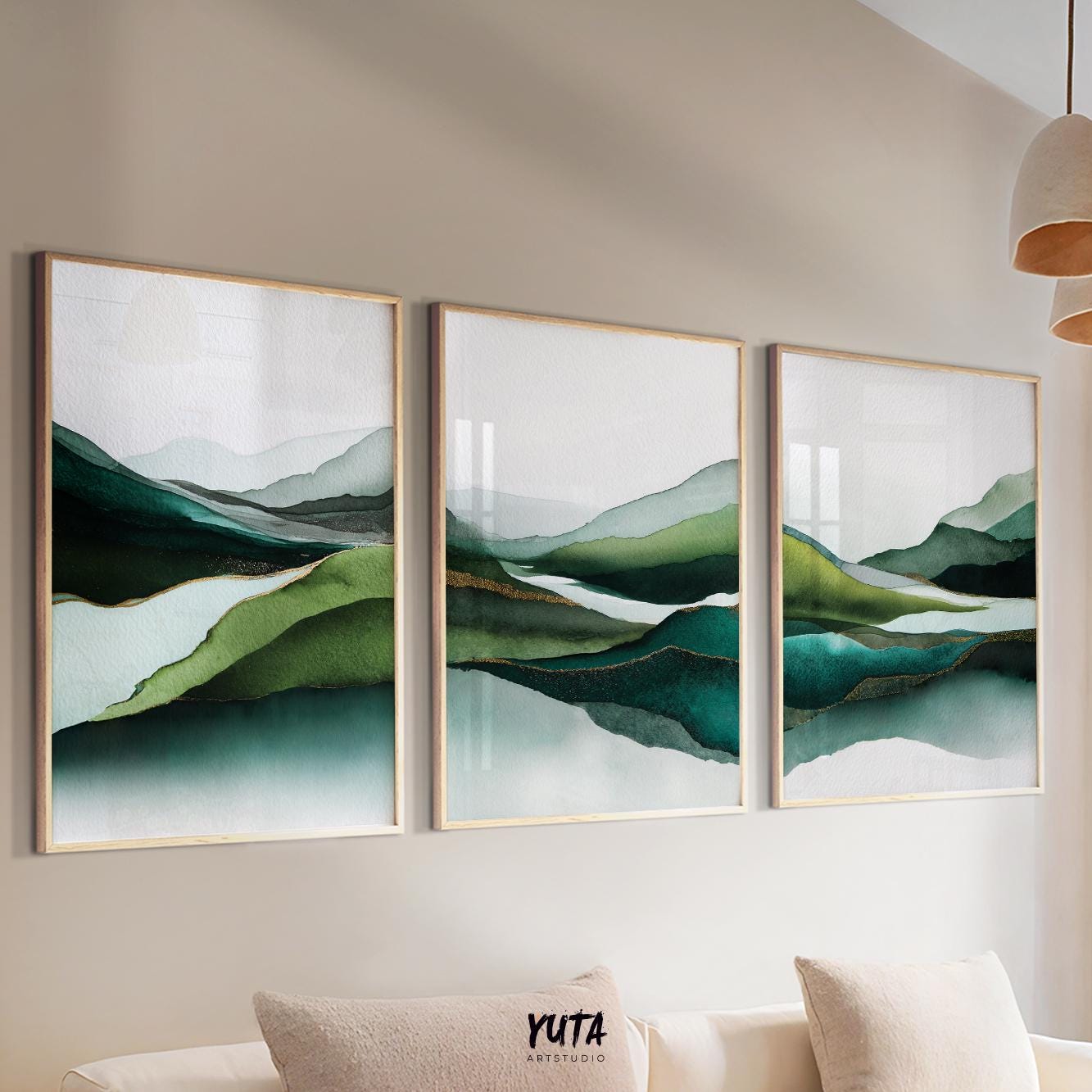 Abstract landscape prints set of three, green watercolor mountain art.