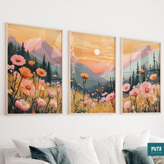 Boho floral mountain wall art set of 3 with wildflower valley