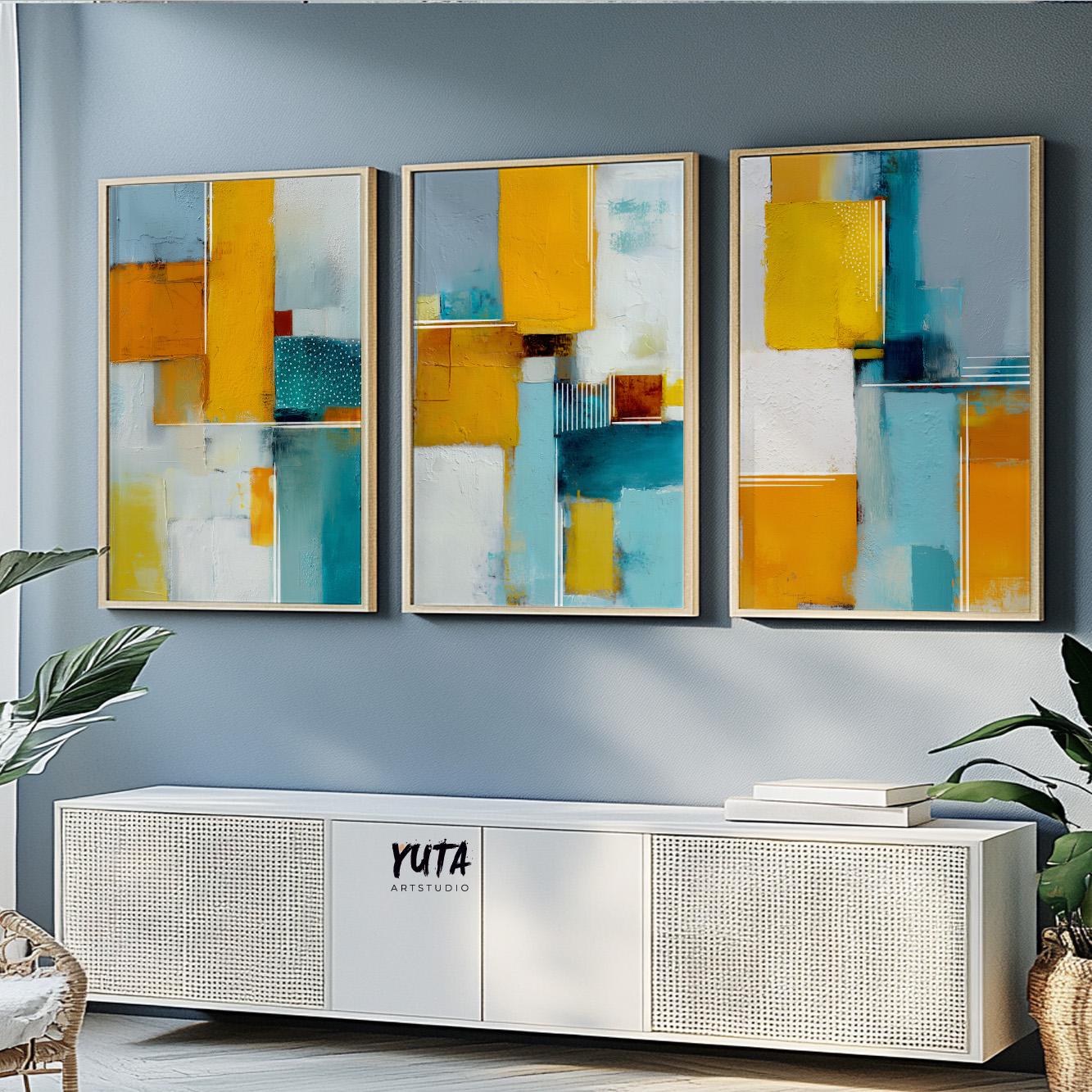 Abstract color block painting with overlapping squares and textured yellow details.