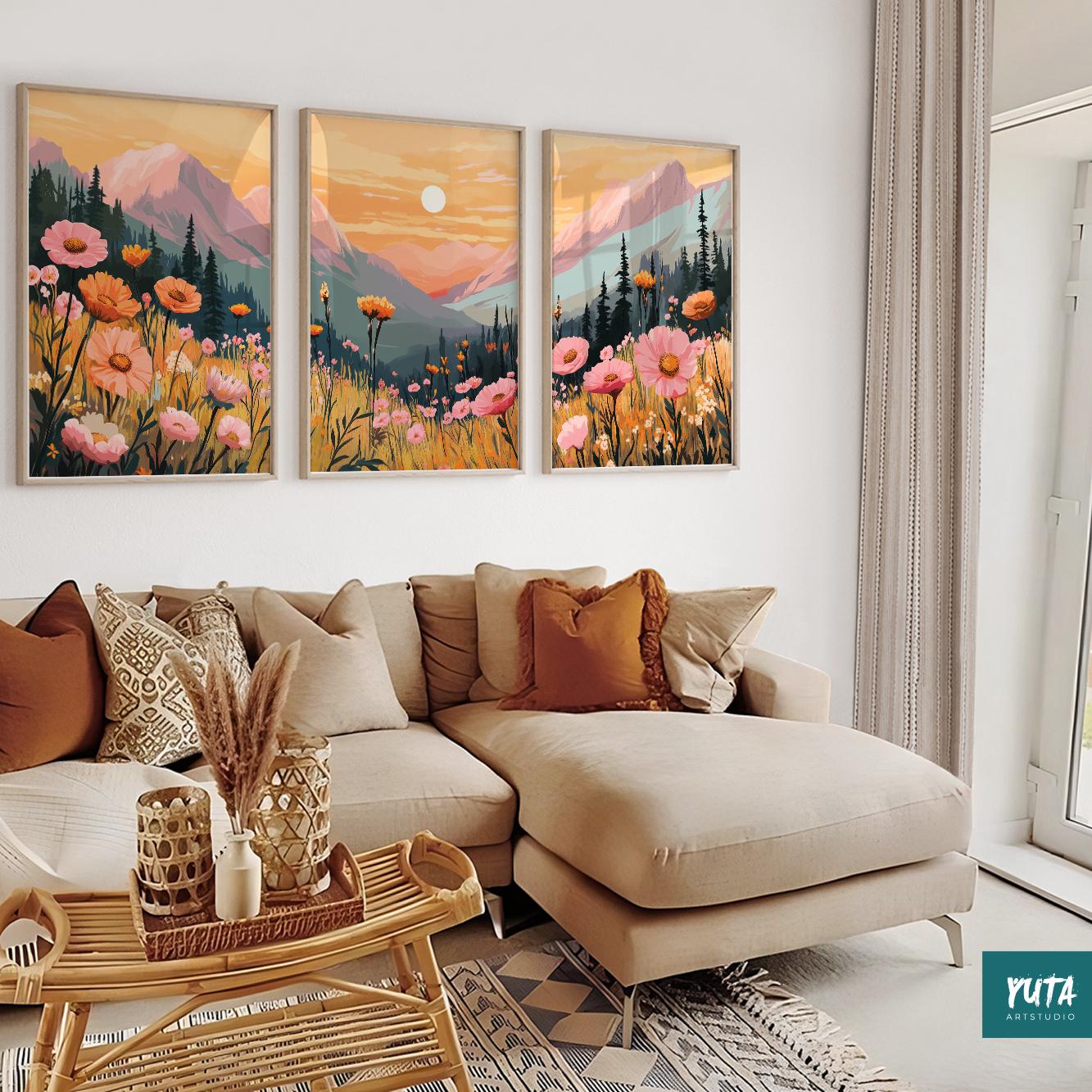Bohemian floral mountain artwork set, valley and sun scenery