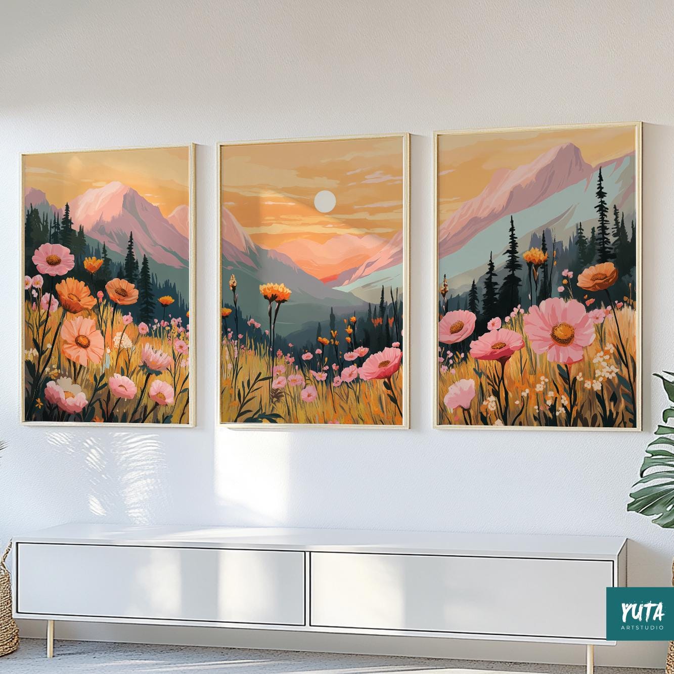 Earth tone mountain landscape prints with sunset and daisies