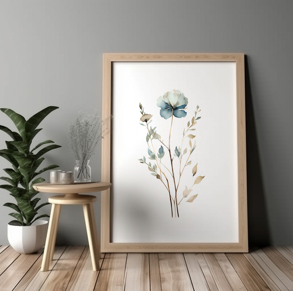 Watercolor botanical print with soft blue petals and neutral foliage for bedroom or living room decor.