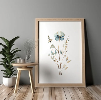Watercolor botanical print with soft blue petals and neutral foliage for bedroom or living room decor.