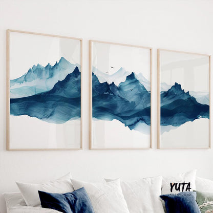 Mountain landscape wall art set showcasing abstract blue alpine scenery and contemporary nature inspired design