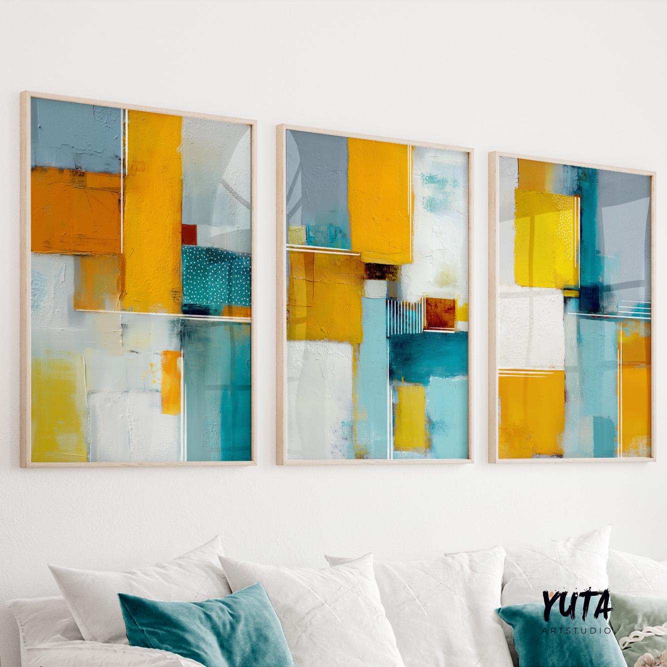 Abstract geometric painting with yellow and teal color blocks and textured brushstrokes.