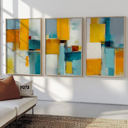 Modern geometric artwork with structured shapes in teal, grey, and bright yellow.