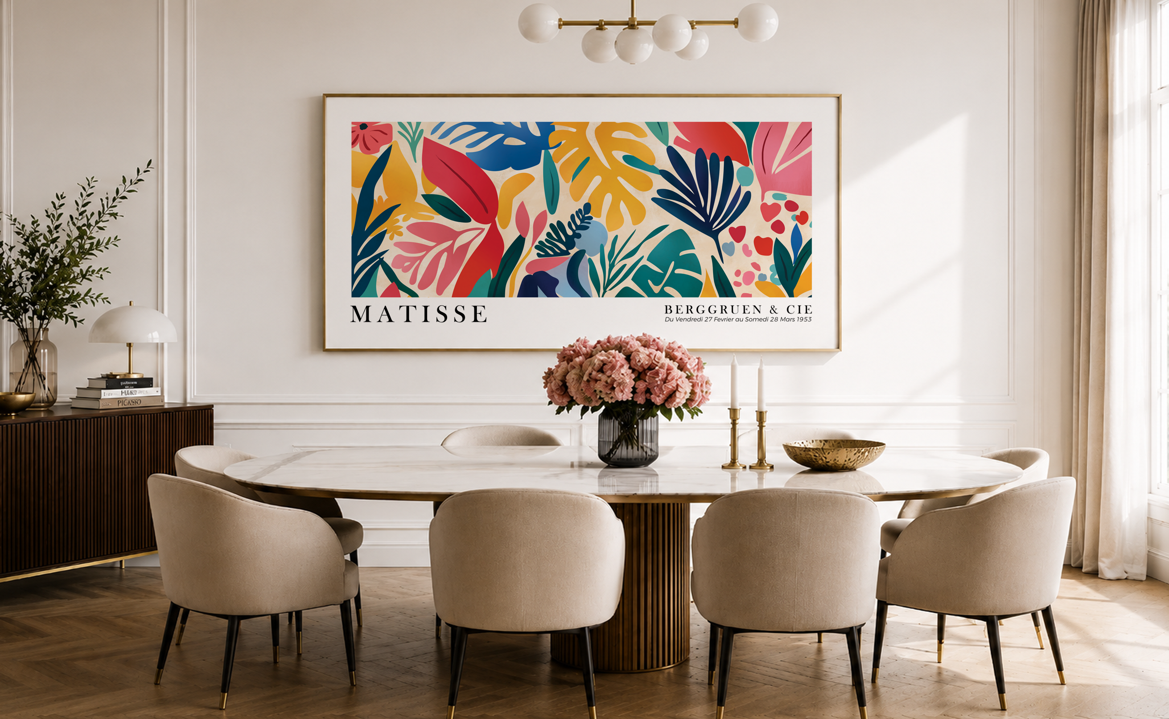 Elegant dining room with a large colorful botanical wall art print featuring tropical leaves and vibrant red, blue, yellow, pink, and green tones above a marble dining table.